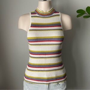 Moth Linen Blend Sleeveless High Neck Sweater Striped Size Small ANTHRO